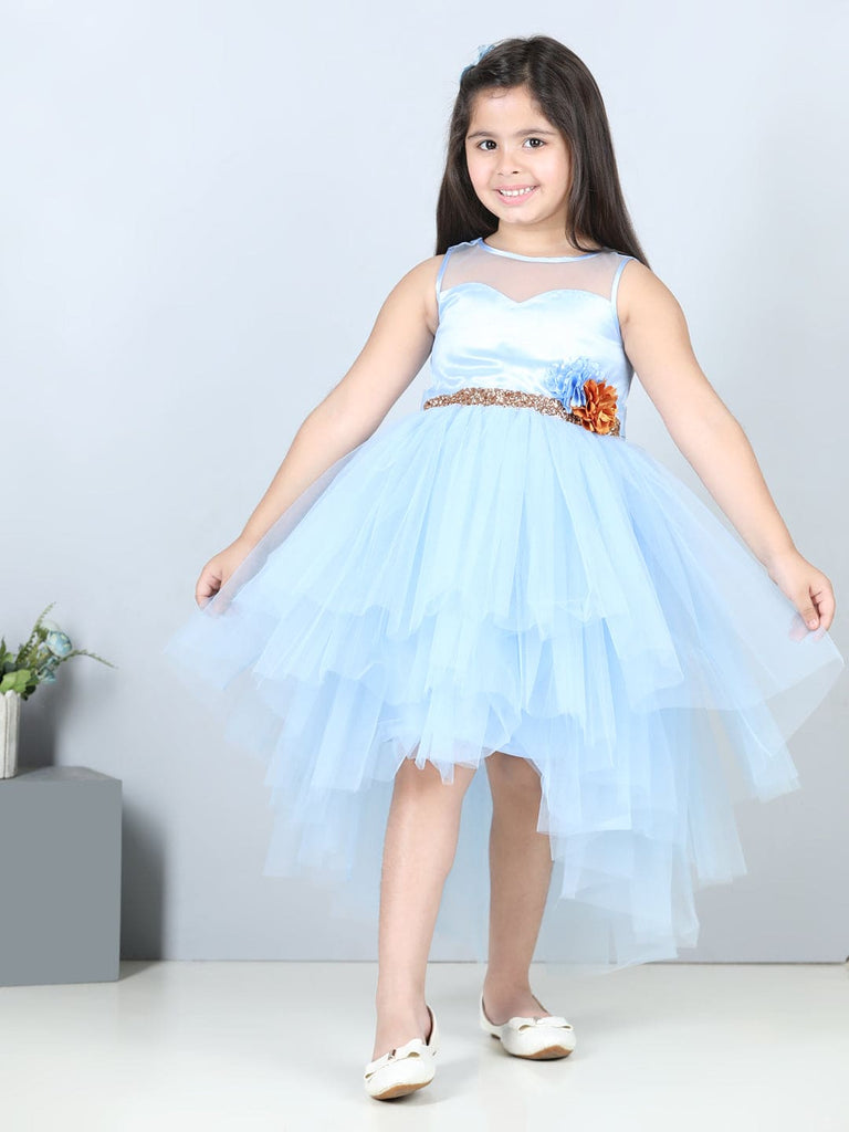 Girls Sateen Tiered Tulle High-Low Hem Party Dress