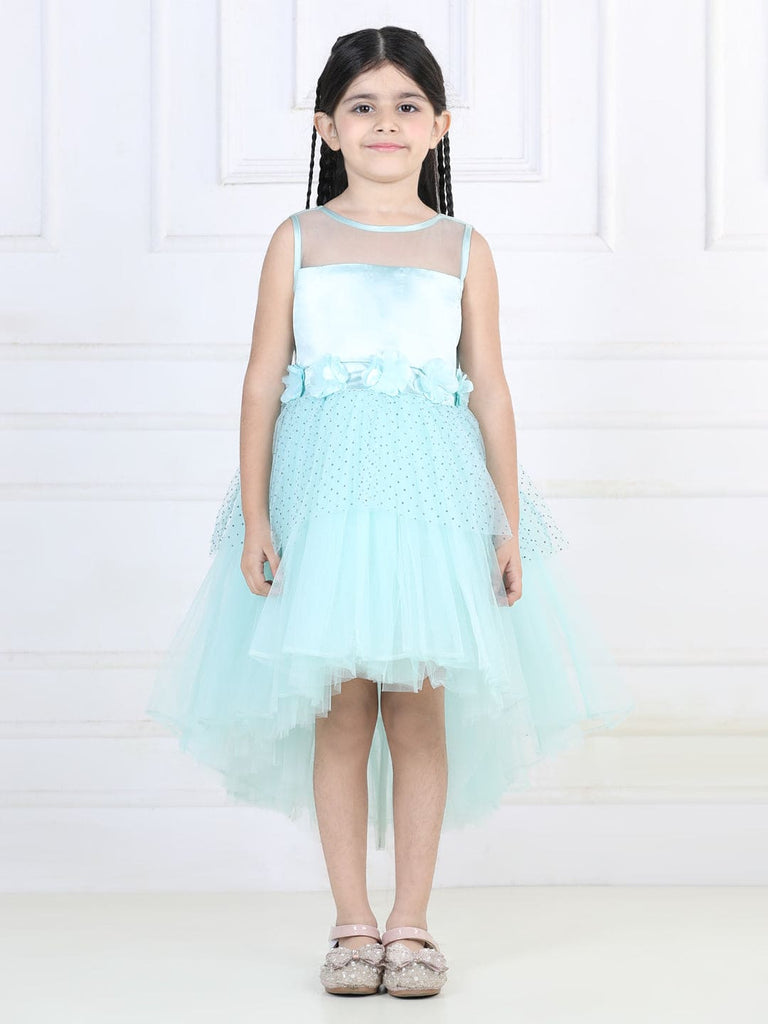 Girls Sateen Flower Applique High-Low Hem Dress