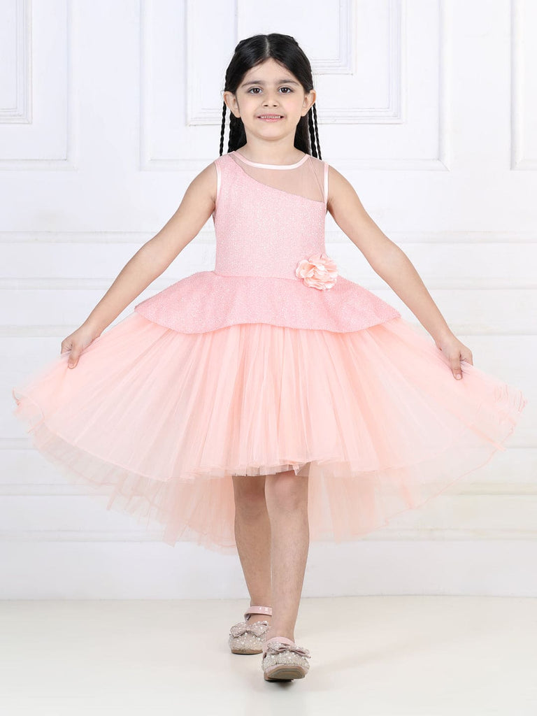 Girls Peach Glitter Peplum High-Low Hem Party Dress
