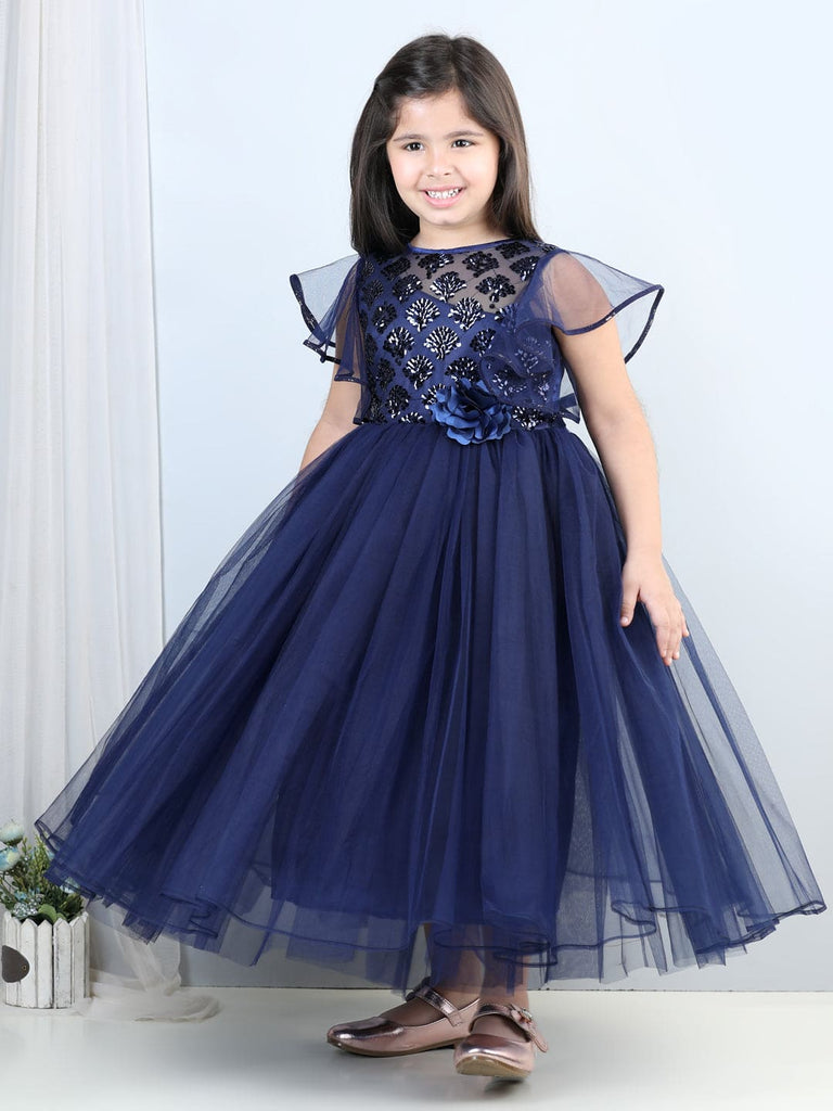 Navy Sequins Cape Tulle Party Gown