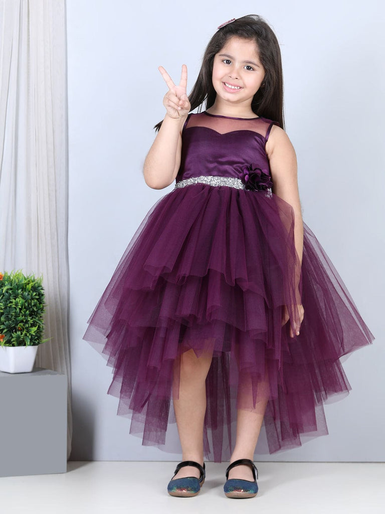 Girls Sateen Tiered Tulle High-Low Hem Party Dress