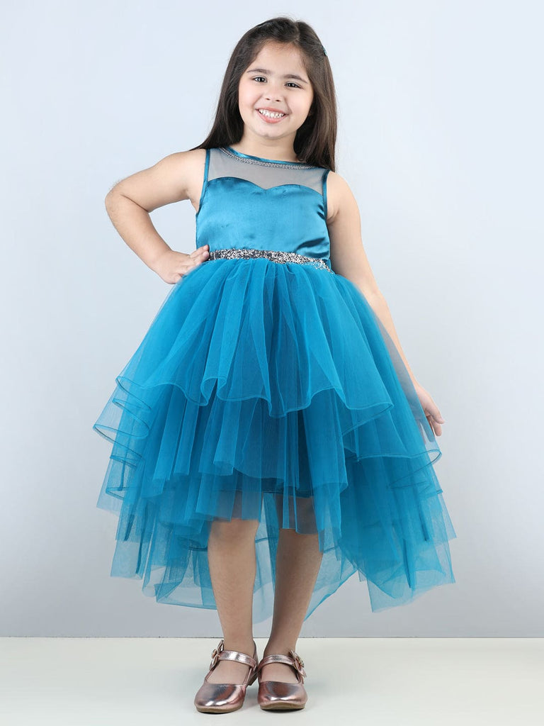 Girls Turquoise Tiered High-Low Hem Party Dress
