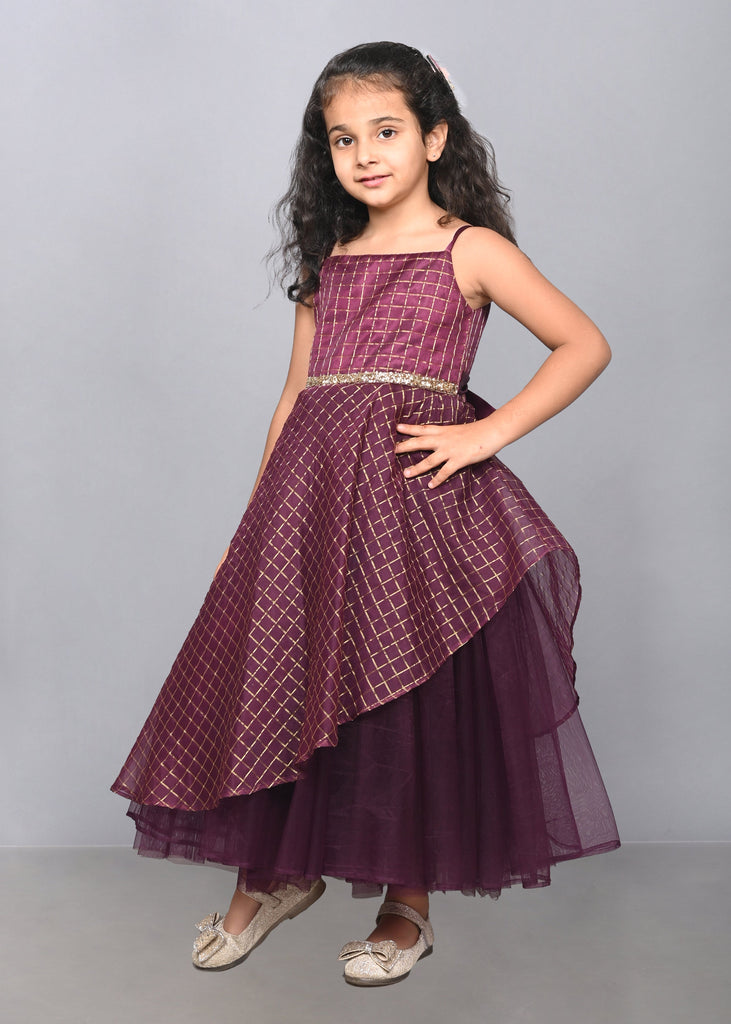 Girls Asymmetric Embellished Tulle Party Gown