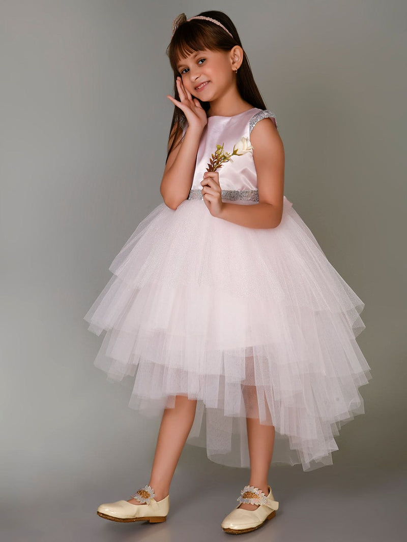 Girls Sateen Tiered Tulle High-Low Hem Party dress Party Dresses Pink 1-2 Y 