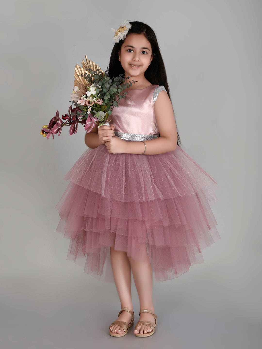 Girls Sateen Tiered Tulle High-Low Hem Party dress Party Dresses Mauve 1-2 Y 
