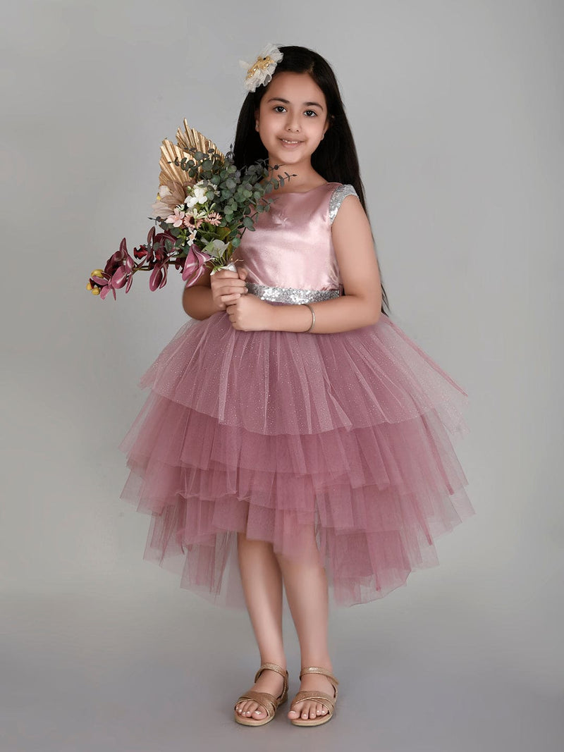 Girls Sateen Tiered Tulle High-Low Hem Party dress Party Dresses Mauve 1-2 Y 