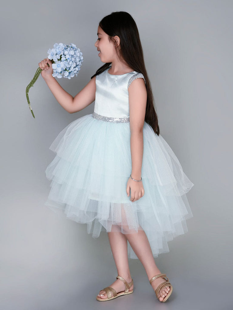 Girls Sateen Tiered Tulle High-Low Hem Party Dress