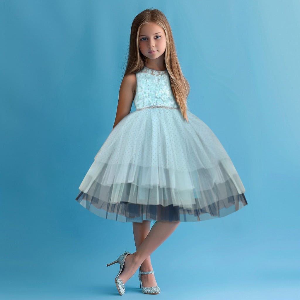 Girls Flower Applique Tulle Tiered Party Dress