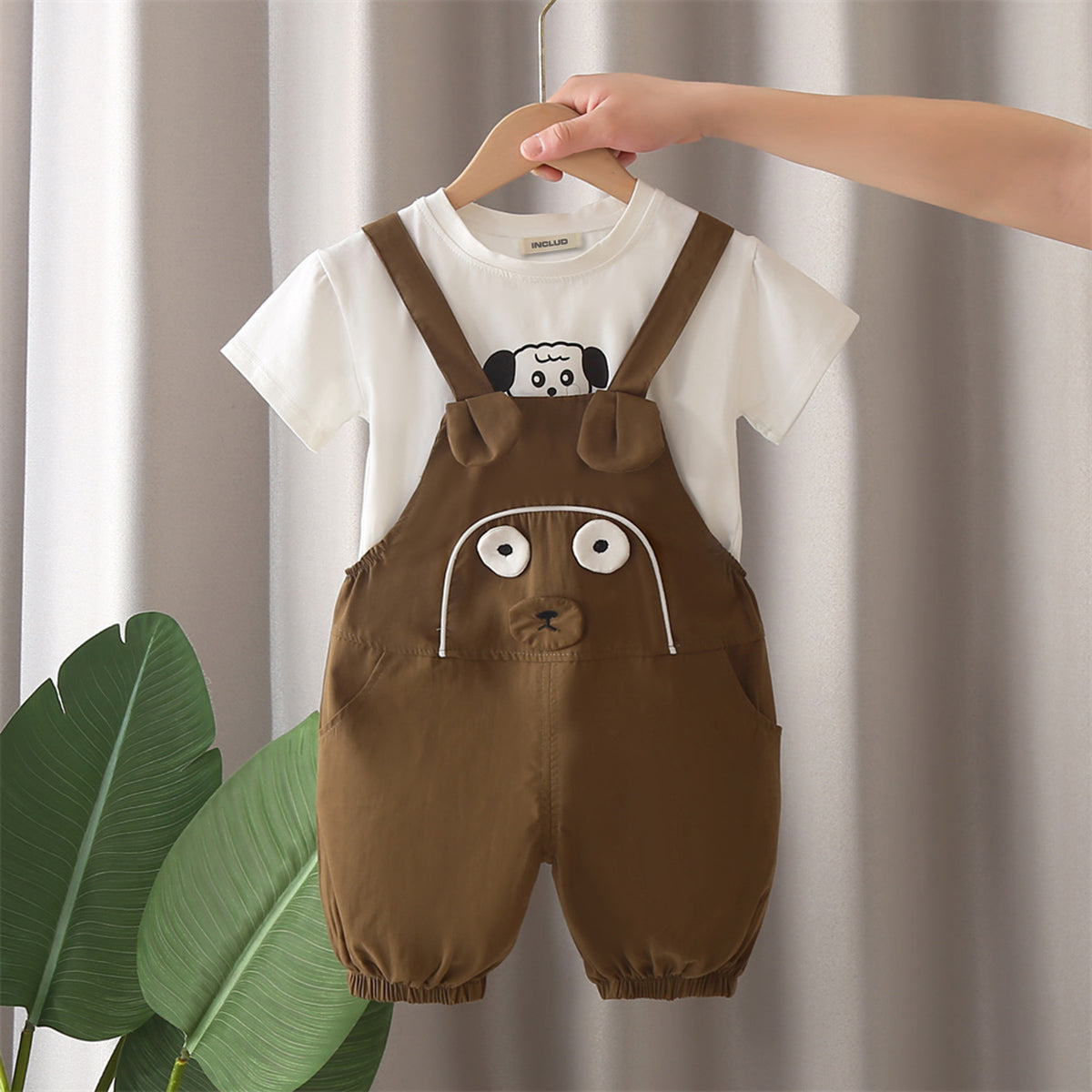 Boys Brown Dog Patched Dungaree With T-Shirts Set 2 pc. Sets