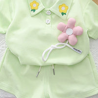 Girls Light Green Floral Applique Short Sleeve Polo T-Shirt With Shorts Sets 2 pc. Sets