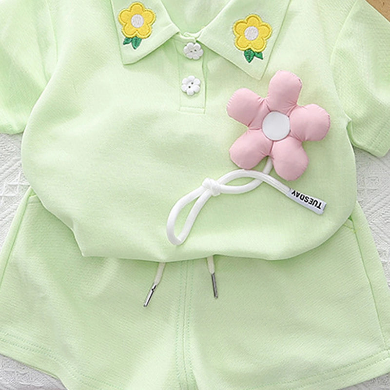Girls Light Green Floral Applique Short Sleeve Polo T-Shirt With Shorts Sets 2 pc. Sets