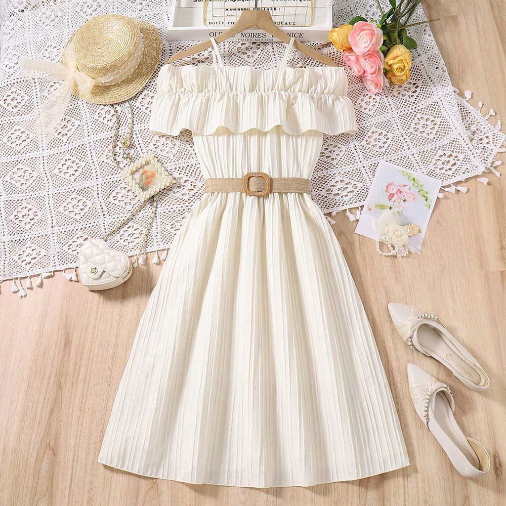 Girls Off Shoulder Fit & Flare Dress Casual Dresses Apricot 12-13 Y 