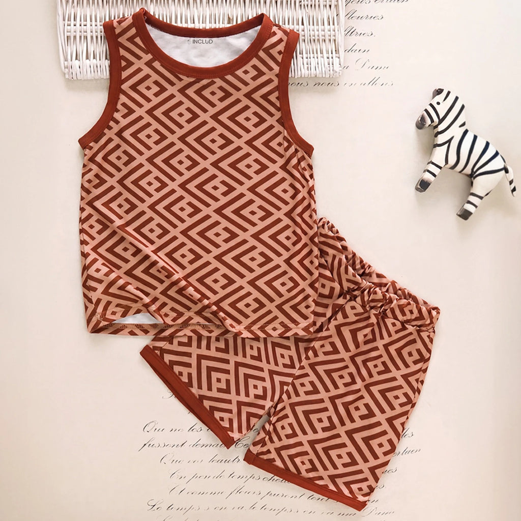 Boys Brown Geometric Print Vest With Shorts Sets 2 pc. Sets Brown 3-4 Y
