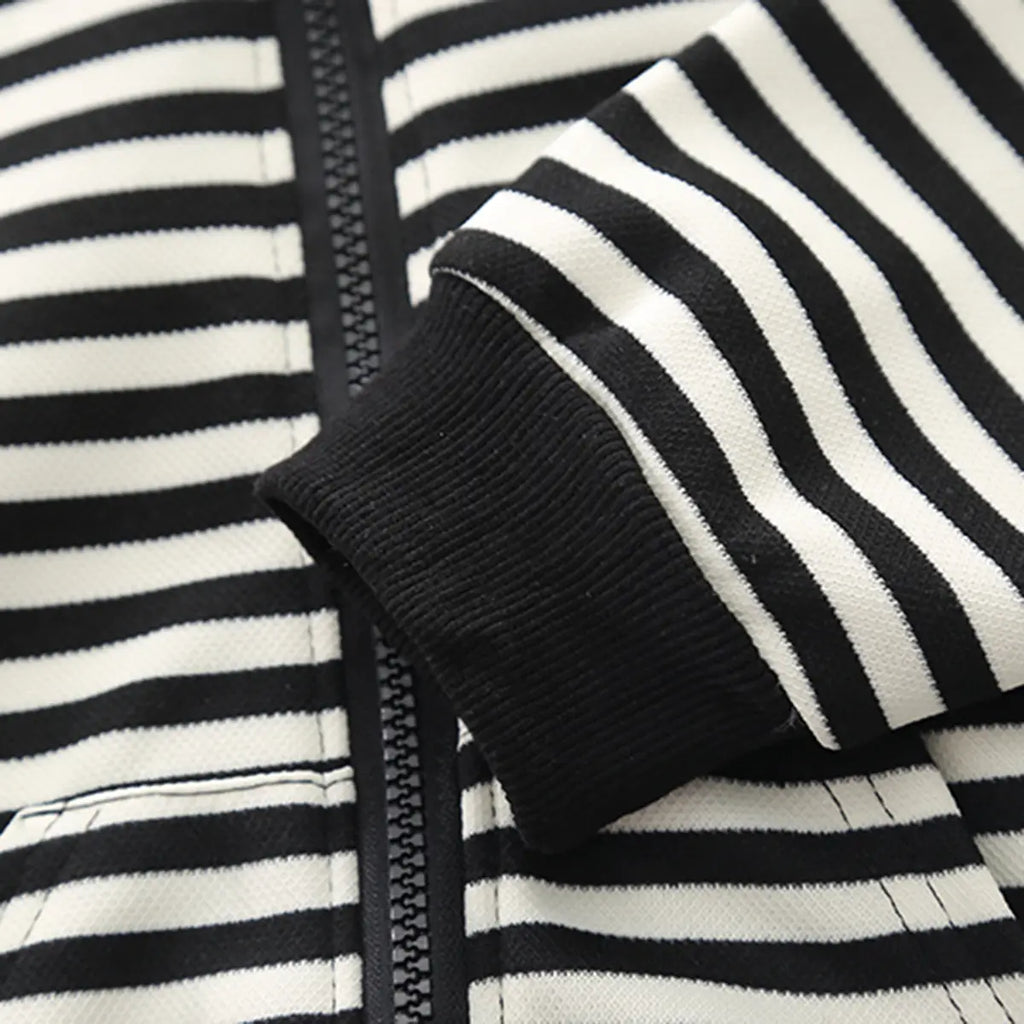 Boys Black Stripes Hooded Zipper Jacket With Denim Jogger Sets Sets