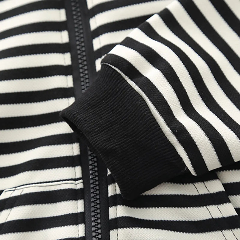 Boys Black Stripes Hooded Zipper Jacket With Denim Jogger Sets Sets