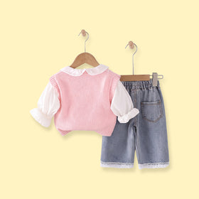 Girls Pink Applique Sweater Vest & Top With Denim Pants Sets Sets
