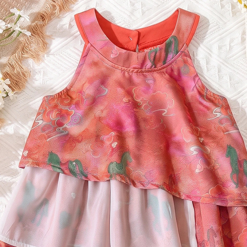Girls Multicolour Animal Print Sleeveless Layered Dress Casual Dresses