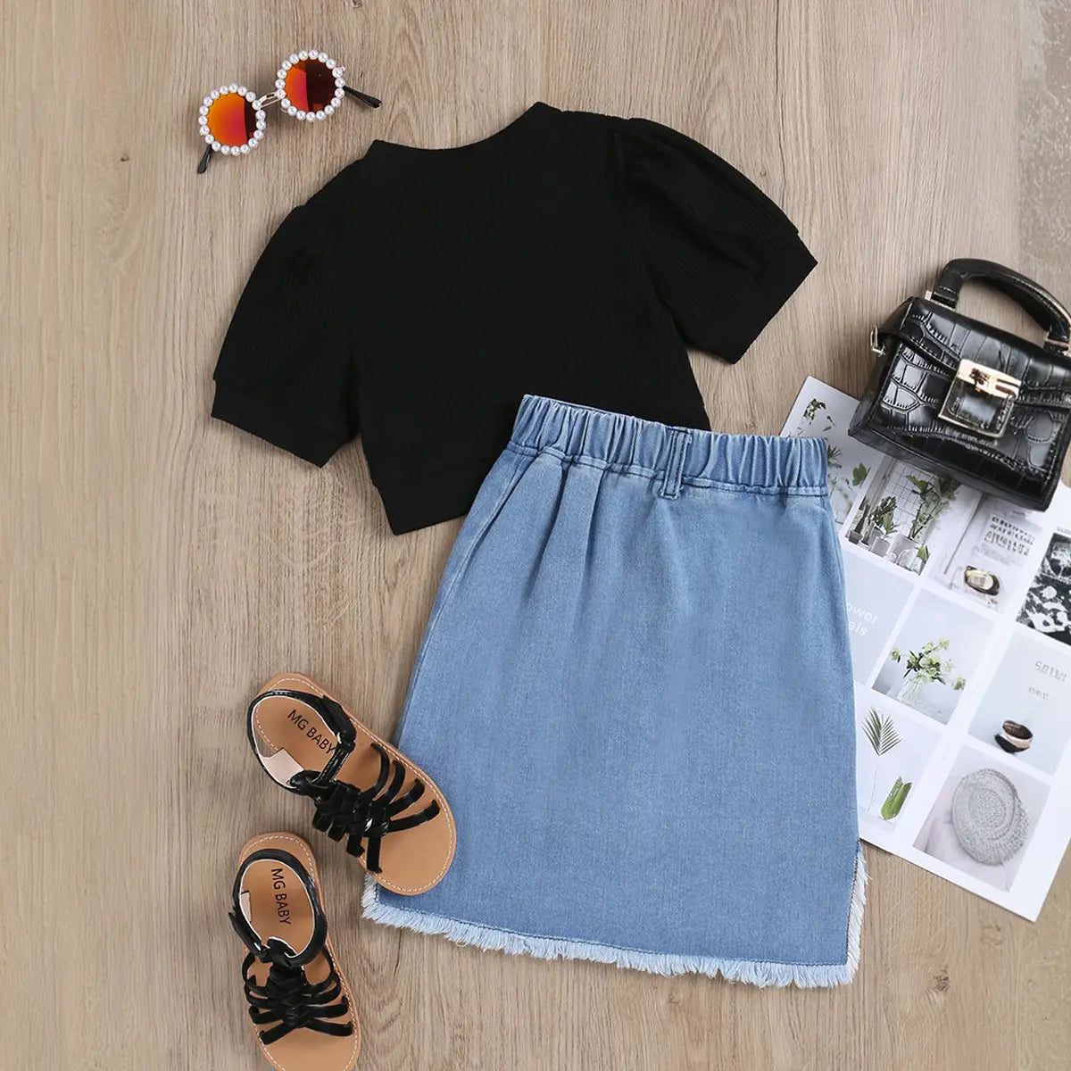 Girls Black Short Sleeves Top With A-line Distress Denim Skirt Sets Sets