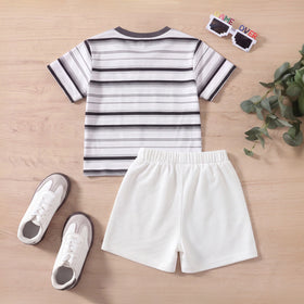 Boys White Striped Short Sleeve T-Shirt With Shorts Sets 2 pc. Sets