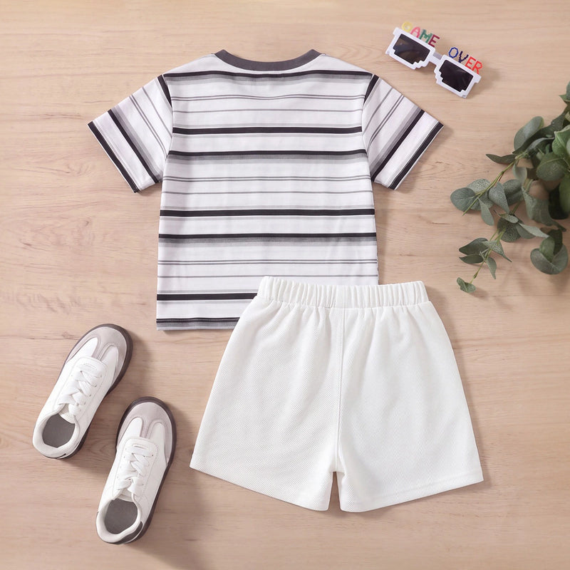 Boys White Striped Short Sleeve T-Shirt With Shorts Sets 2 pc. Sets
