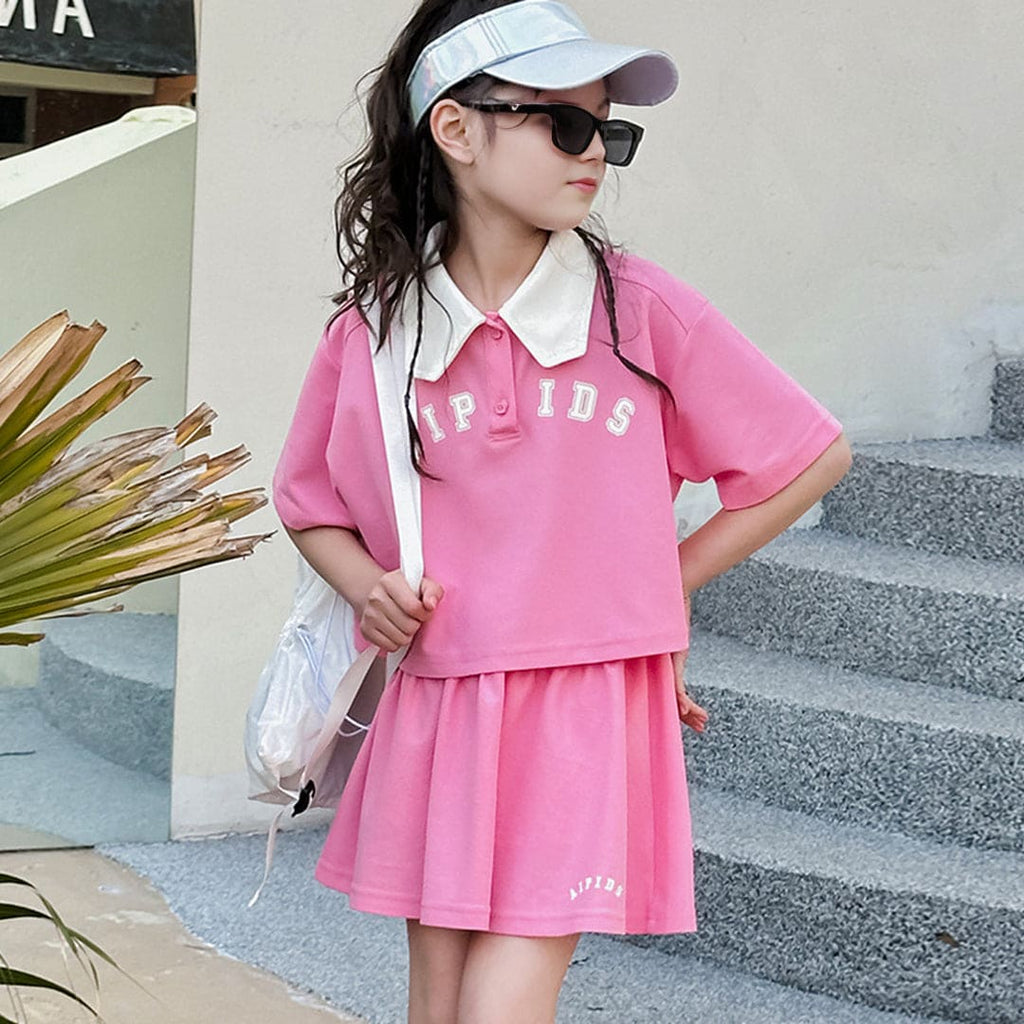 Girls Embroidery Applique Polo T-Shirt With Skirt Set