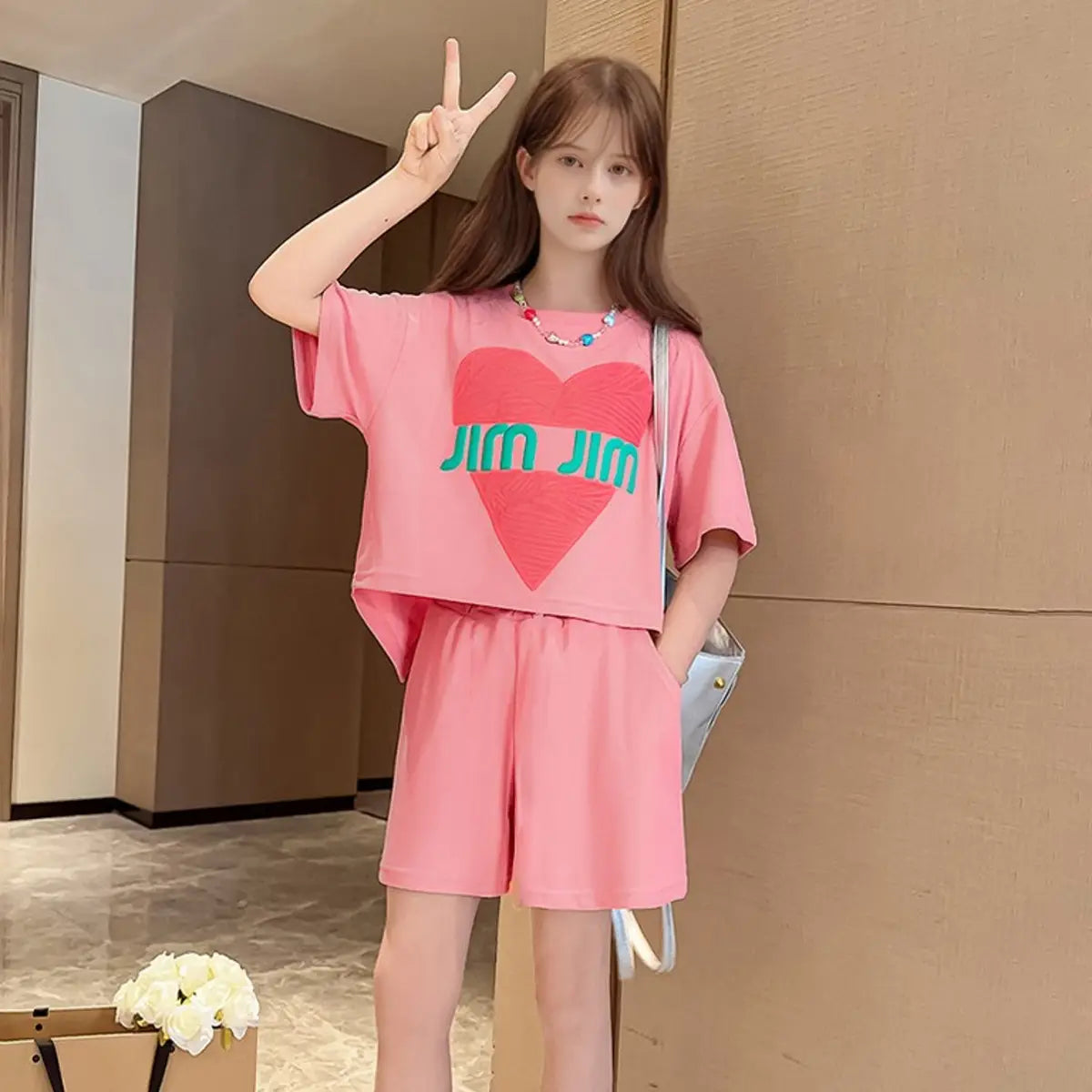 Girls Pink Heart Print Short Sleeves Top With Shorts Set Sets