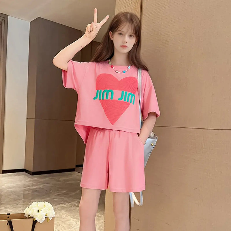 Girls Pink Heart Print Short Sleeves Top With Shorts Set Sets