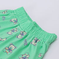 Girls Green Teddy Bear Graphics Puff Sleeve Top With Printed Shorts Sets Sets