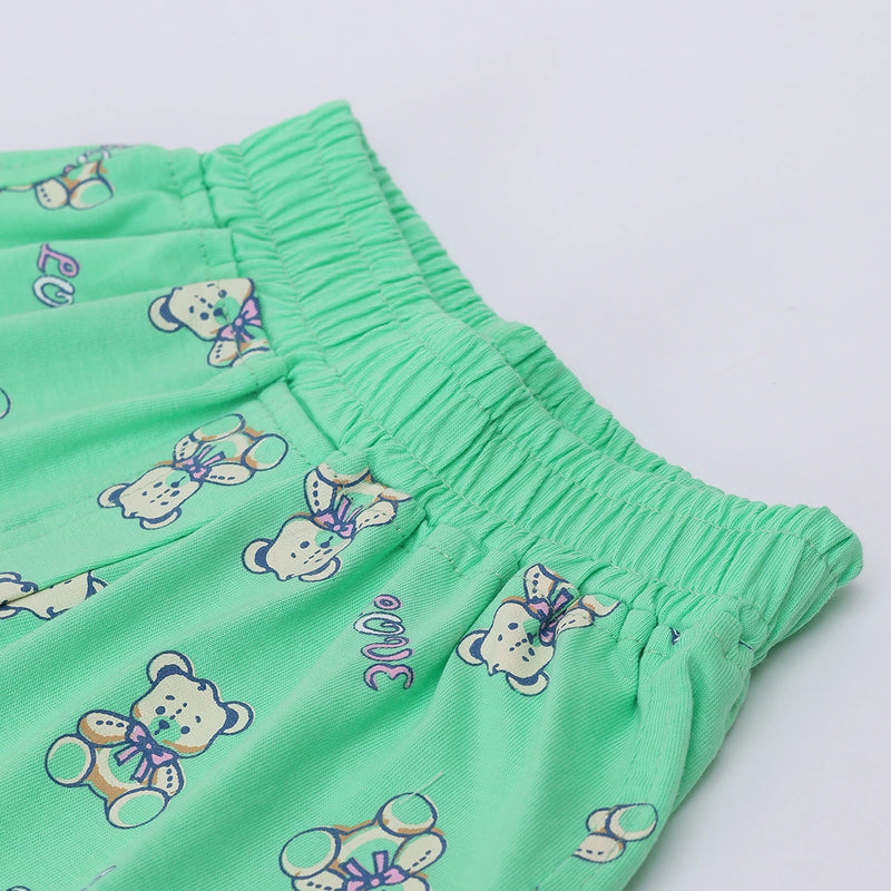 Girls Green Teddy Bear Graphics Puff Sleeve Top With Printed Shorts Sets Sets