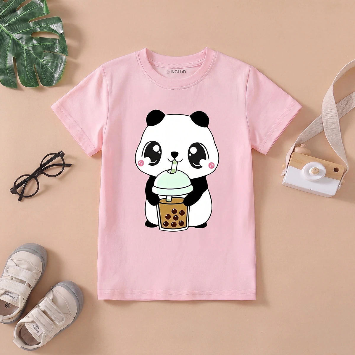 Girls Pink Panda Print Short Sleeve T-Shirt Tshirts Pink 1-2 Y
