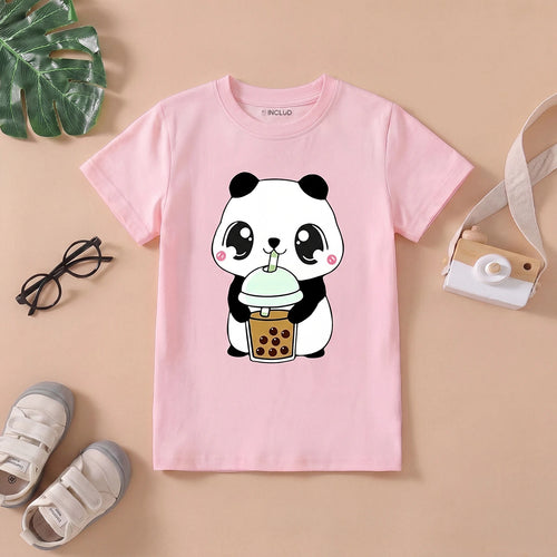 Girls Pink Panda Print Short Sleeve T-Shirt Tshirts Pink 1-2 Y