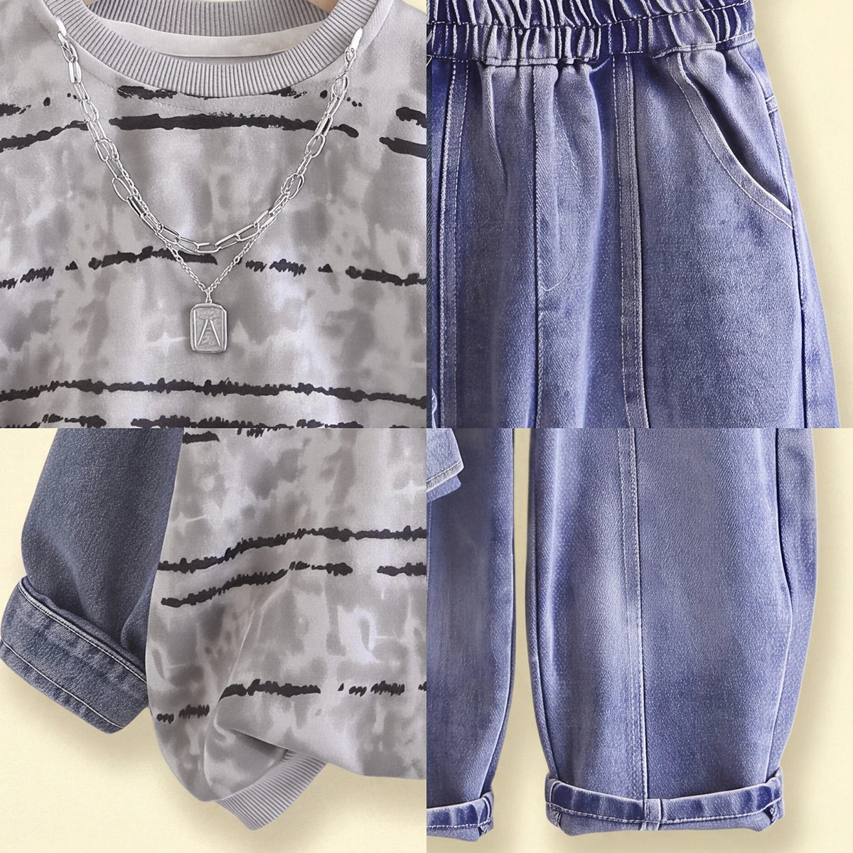 Boys Grey Striped Sweatshirt With Denim Pants Sets 2 pc. Sets