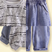 Boys Grey Striped Sweatshirt With Denim Pants Sets 2 pc. Sets