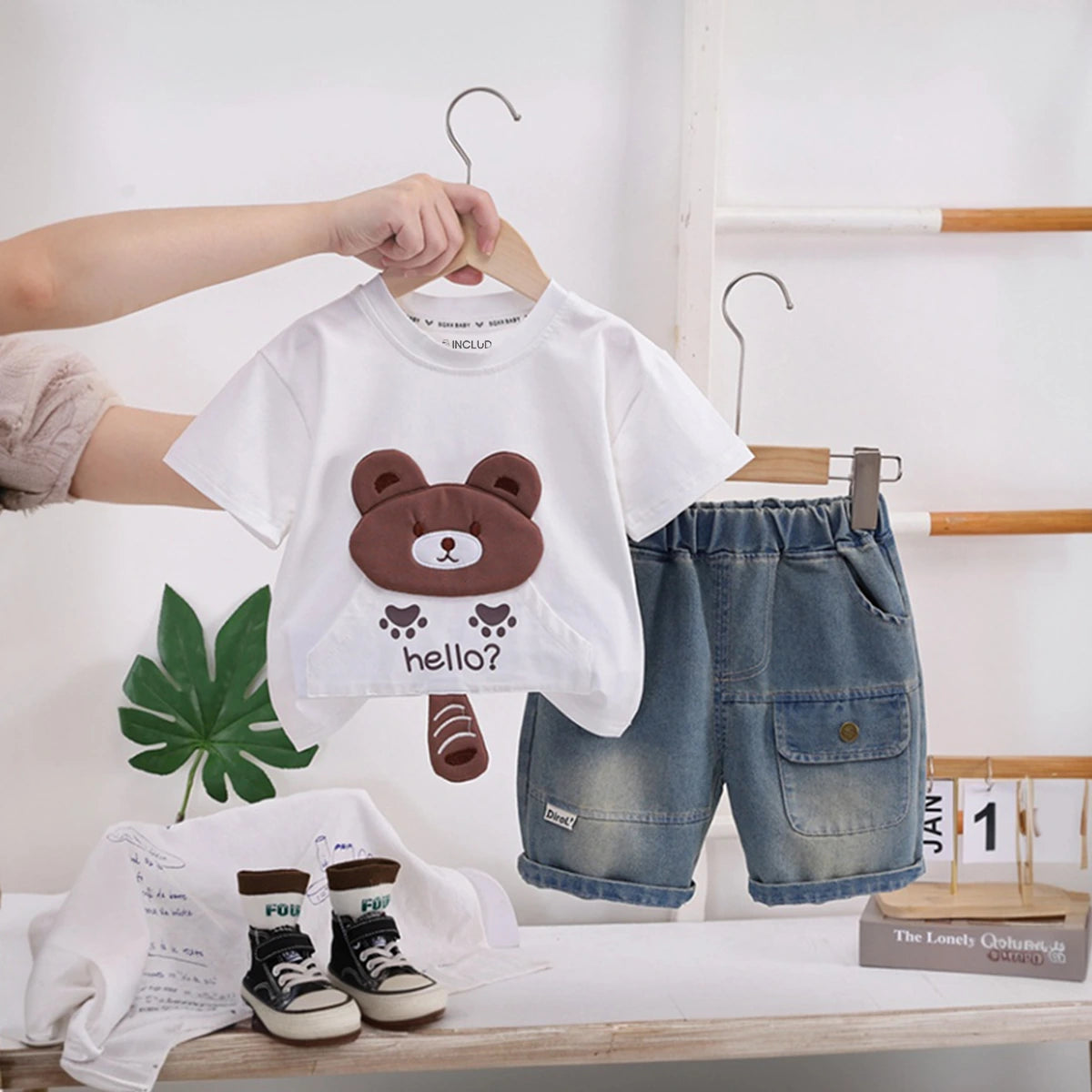 Boys White Bear Motif Short Sleeve T-Shirt With Denim Shorts Sets 2 pc. Sets White 1-2 Y