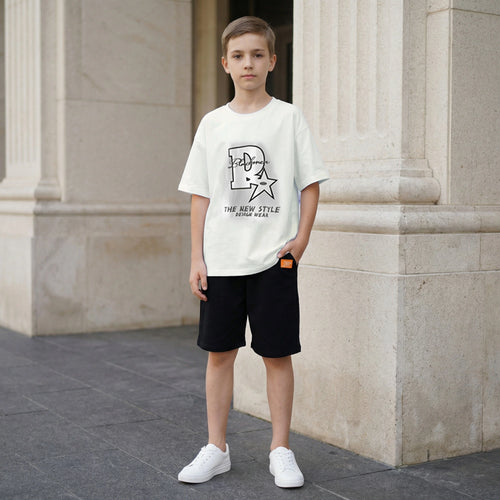Boys White Typographic Print Oversized T-Shirt With Shorts Set Sets White 5-6 Y