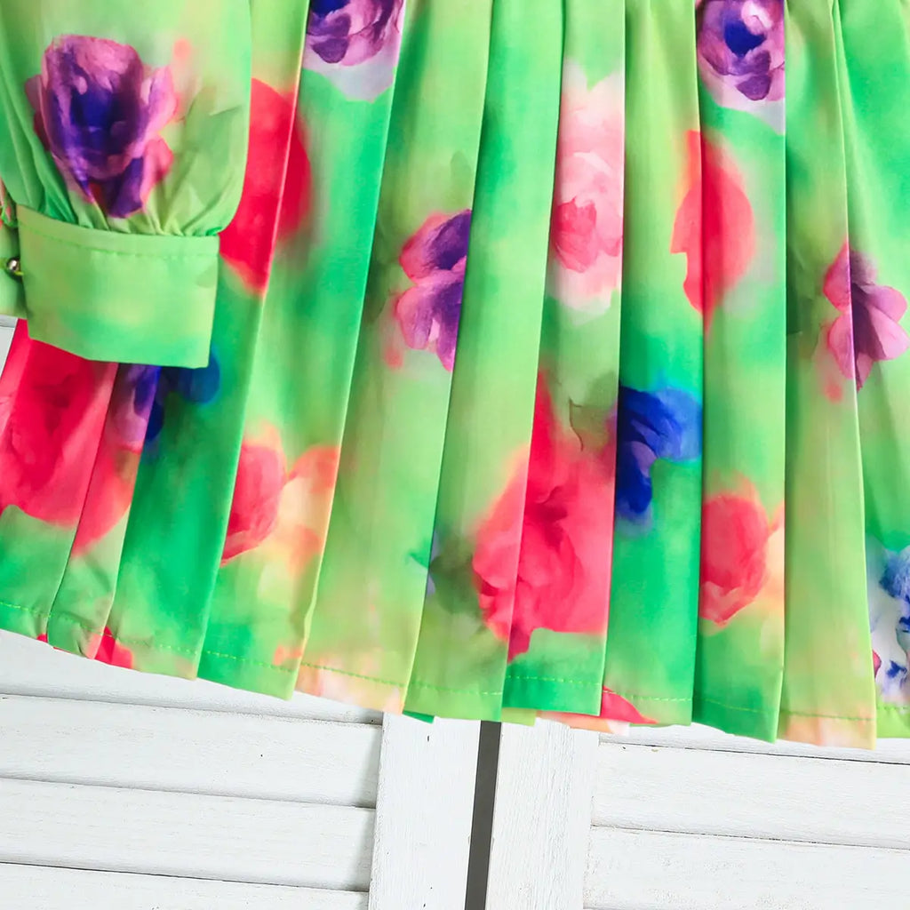 Girls Green Floral Printed Top With Pleated Skirt Co-ord Sets Sets