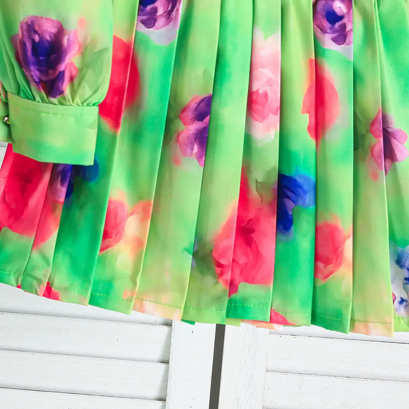 Girls Green Floral Printed Top With Pleated Skirt Co-ord Sets Sets