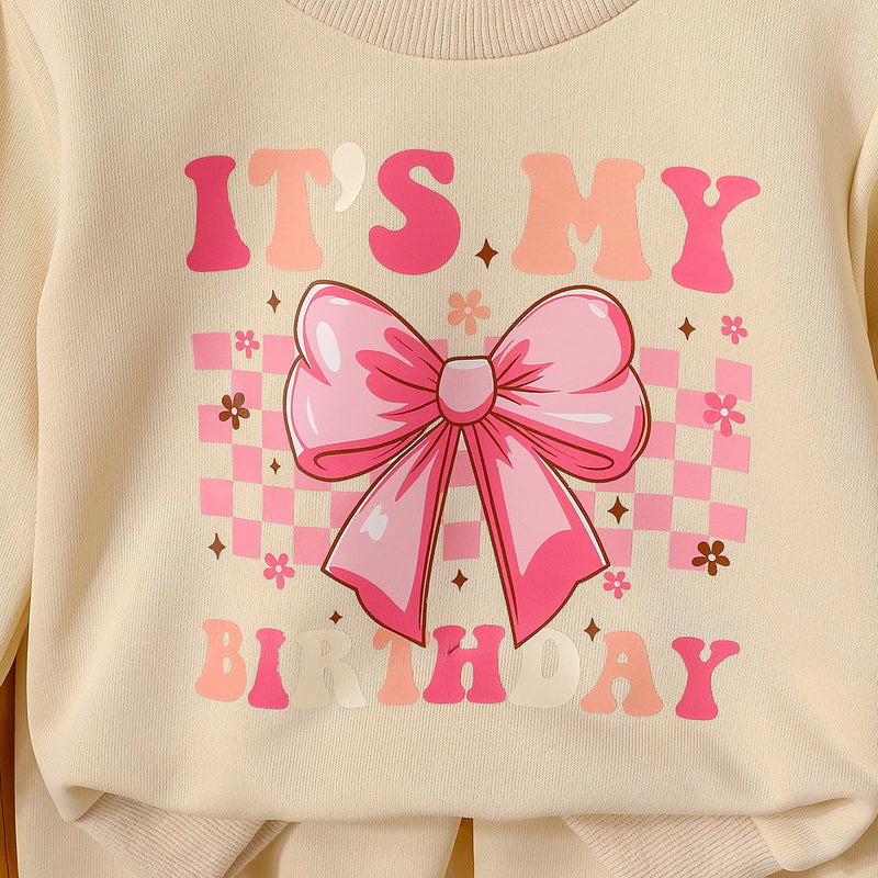 Girls Apricot Bow Printed Sweatshirt With Jogger Winter Co-ord Sets 2 pc. Sets