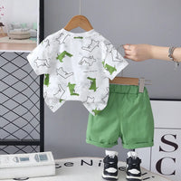 Boys Green Crocodile Printed Round Neck T-Shirt With Shorts Sets Sets