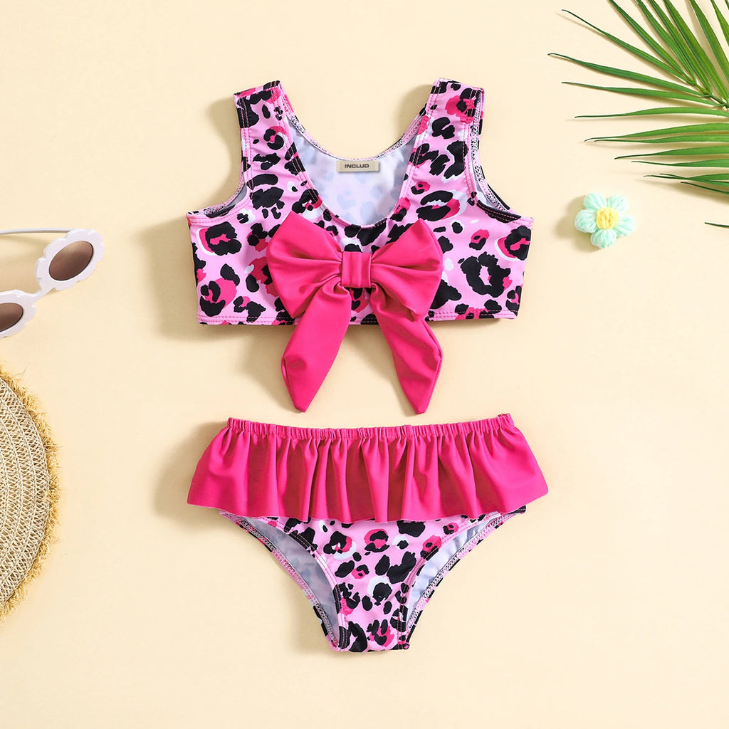 Girls Pink Leopard Print Sleeveless Top With Briefs Swimwear Sets Sets Pink 1-2 Y
