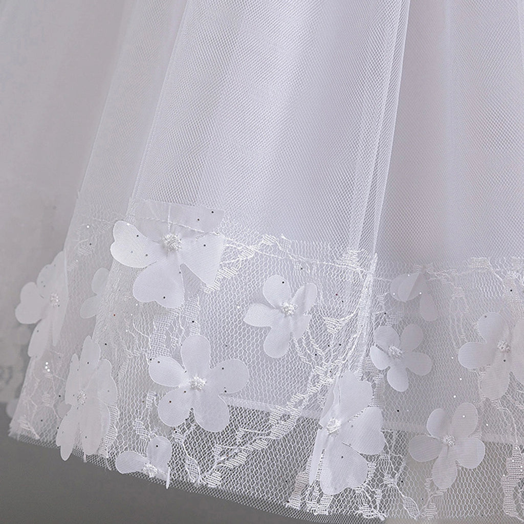 Girls White Floral Applique Sleeveless Tutu Party Wear Dress Party Dresses