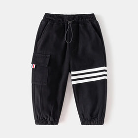 Boys Black Three Stripes Print Cargo Pants Pants