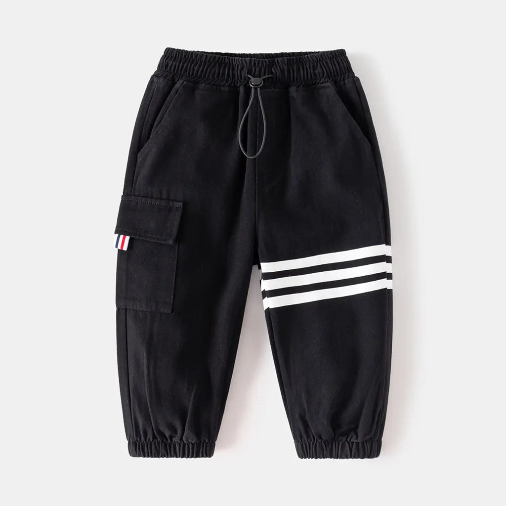Boys Black Three Stripes Print Cargo Pants Pants