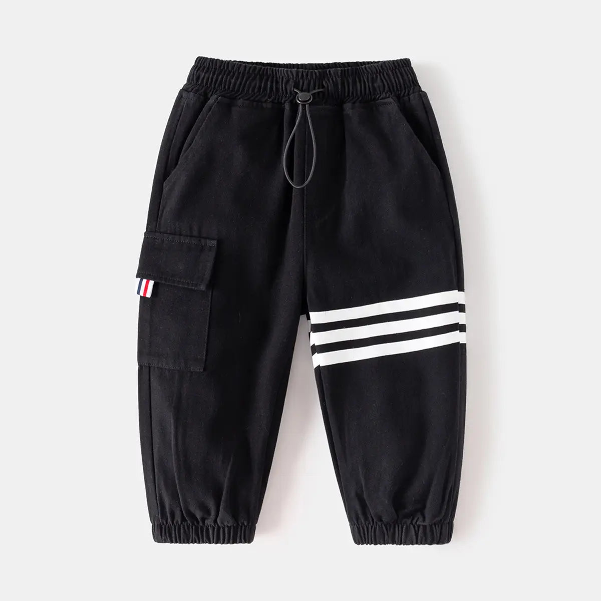 Boys Black Three Stripes Print Cargo Pants Pants