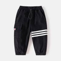 Boys Black Three Stripes Print Cargo Pants Pants