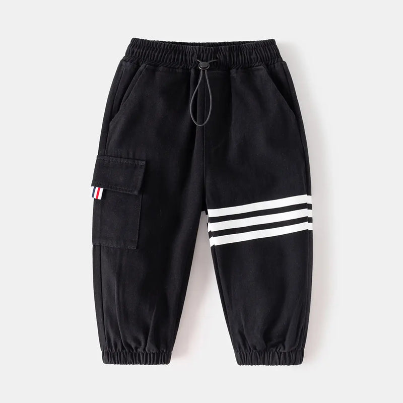 Boys Black Three Stripes Print Cargo Pants Pants