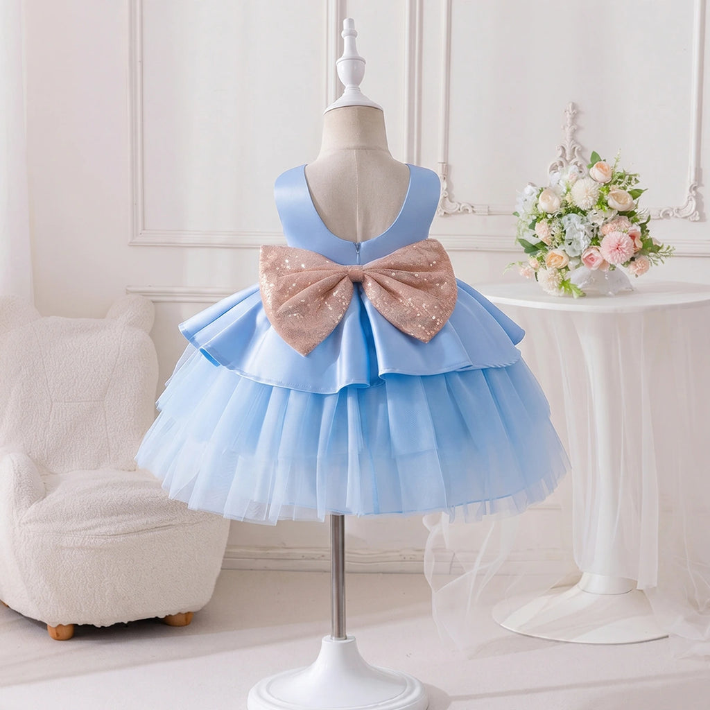 Girls Sky Blue Flared Party Wear Dress With Sequin Bow Party Dresses