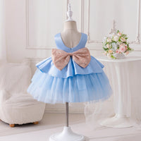 Girls Sky Blue Flared Party Wear Dress With Sequin Bow Party Dresses