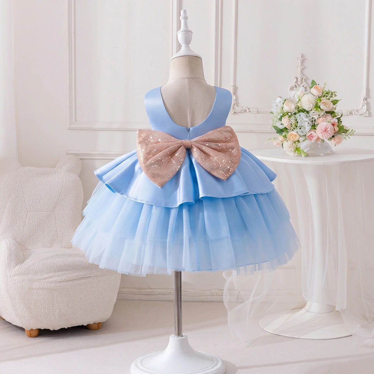 Girls Sky Blue Flared Party Wear Dress With Sequin Bow Party Dresses