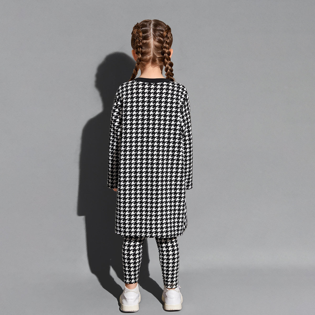 Girls Black Houndstooth Print Long Cardigan with Leggings & Spaghetti Top Set Sets